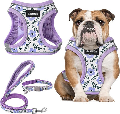 GAMUDA Small Dog Harness Collar and Leash Set, Step in No Chock No Pull Soft Mesh Adjustable Dog Vest Harnesses Plaid Reflective for Dogs Puppy Cats Kitten Rabbit (Purple Flower, L) GAMUDACollarsCollection