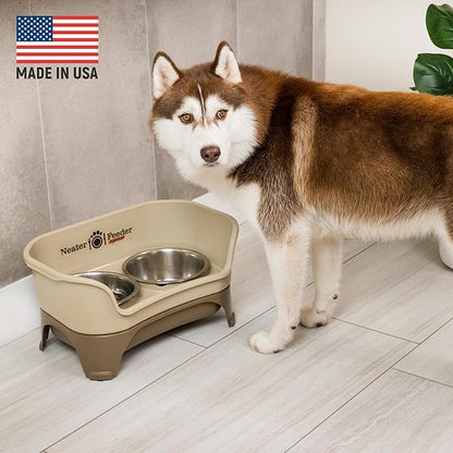 Neater Feeder - Express Model w/Slow Feed Bowl - Mess-Proof Dog Bowls (M/L, Cappuccino) Made in USA –Elevated, No Spill, Non-Tip, Non-Slip, Raised Stainless Steel Food/Water Pet Bowls Aid Digestion - PAWPICO