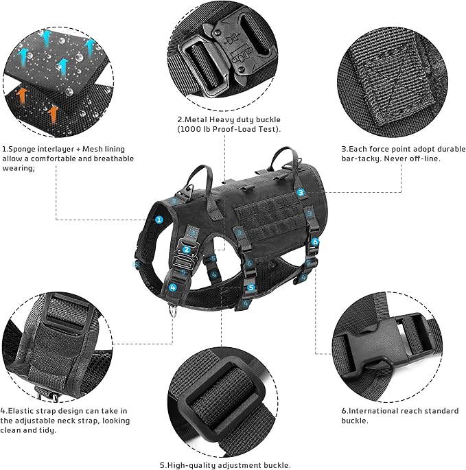 Forestpaw Tactical Dog Harness for Large Dogs,Tactical Dog Collar with Bungee Leash Set,No Pull Military Dog Harness for Dog Walking Training,Adjustable for Medium Large Dogs,Black M Forestpaw