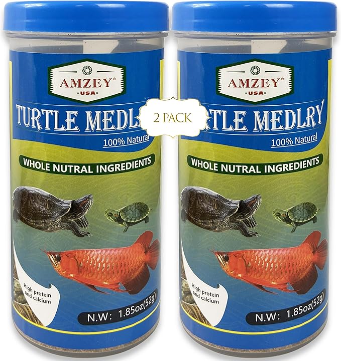 Amzey 2 Pack Aquatic Turtle Food, Vitamin, Enriched Medley Treats of Freeze, Dried Mealworms, River Shrimp & River Fishes, High Protein Turtle Medley Food for Aquatic Tortoise, 3.7 Ounce Total Amzey