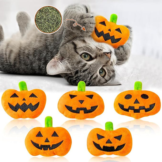 MALLMALL6 Catnip Toys for Cat - 5Pcs Halloween Pumpkin Jack O Lantern Catmint Interactive Cat Toy for Indoor Cats, Soft Plush Orange Cat Supplies, Kitten Teething Chew Toy Set, Pet Gifts for Cat Lover - PAWPICO