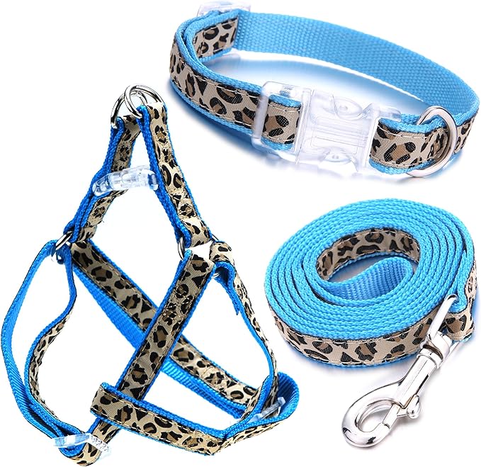 Mile High Life Leopard Dog Harness Collar Leash Set | Adjustable No Pull Dog Halter Harness for Small Breed Dogs | Easy Control for Training Walking | Blue, Small MileHighLife