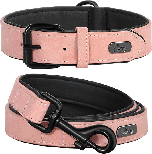 Didog Soft Padded Leather Dog Collar and Leash Set, Heavy Duty Pink Dog Leash and Collar Set with Metal Buckle, Breathable Dog Collars with 4FT Leather Dog Leash for Small Medium Large Dogs, Pink, XL Didog