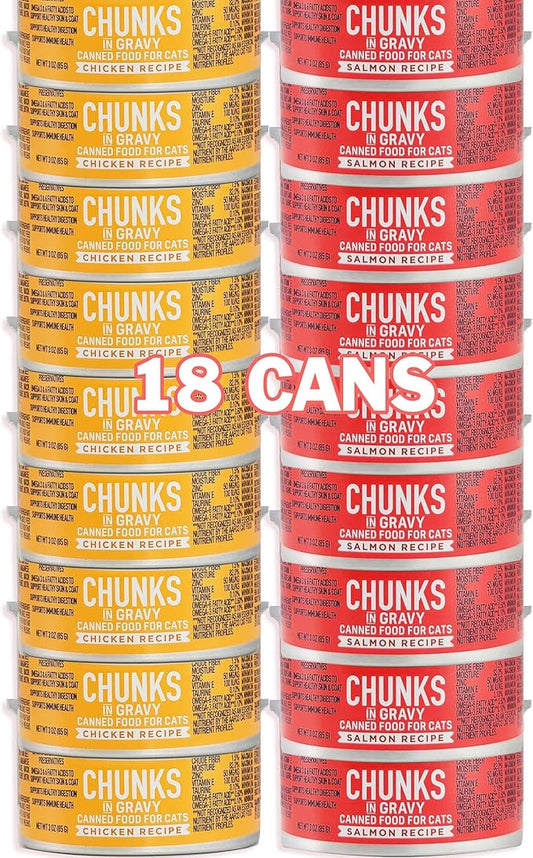 Cat Chunks in Gravy Variety 18 Cans Wet Cat Falmon & Chicken Recipes | Each Can Net Wt 3 OZ (85 G) - PAWPICO