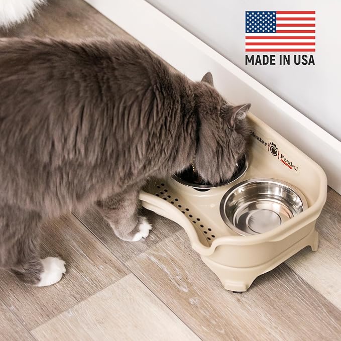 Neater Feeder Express Cat Mess Proof Feeder for Cats, 1 Cup Whisker-Friendly Stainless Steel Food & Water Bowls, No Spill, Non-Tip/Slip. Made in USA - PAWPICO