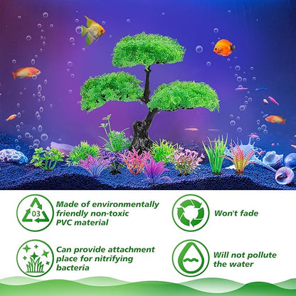 Ameliade Aquarium Artificial Plastic Plants Decoration, Aquarium Tree Decor Set, Goldfish Betta Fish Tank Decorations Hides Accessories (Green) Ameliade