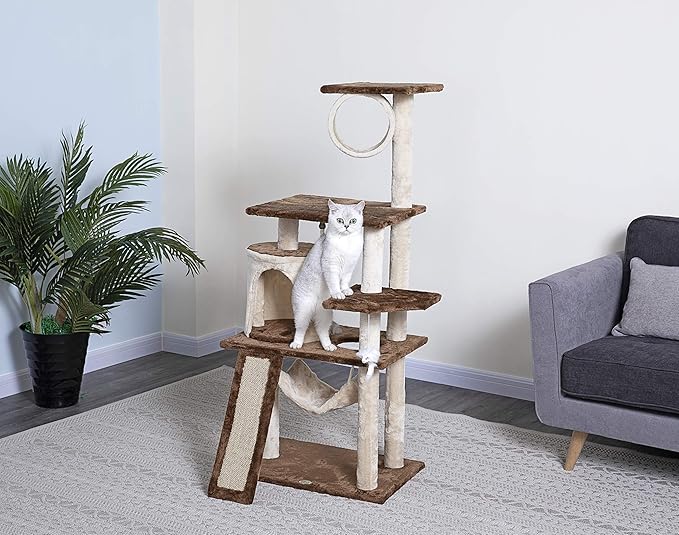 Go Pet Club Everyday Value 53in Cat Tree Kitty Tower Kitten Scratcher Condo House Furniture with Hammock and Tunnel Indoor Cat Activity Center, Beige/Brown - PAWPICO