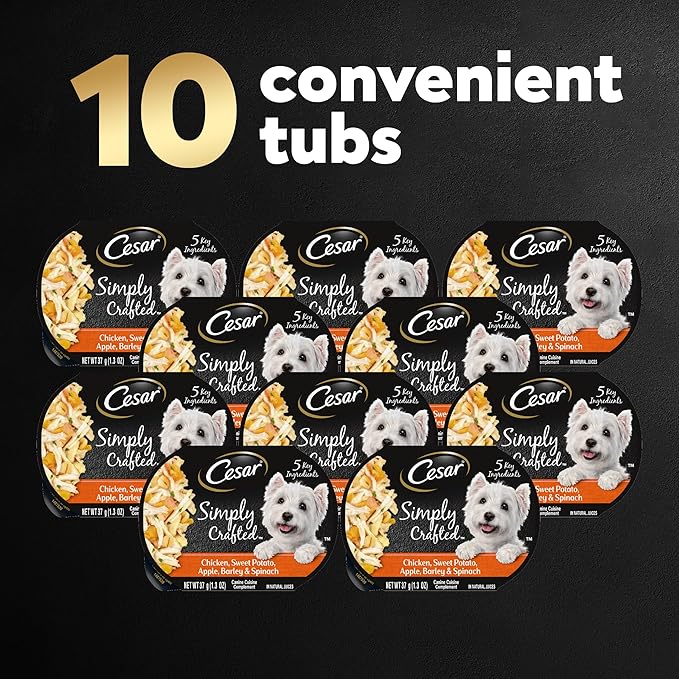 CESAR SIMPLY CRAFTED Adult Wet Dog Food Meal Topper, Chicken, Sweet Potato, Apple, Barley & Spinach, 1.3oz., Pack of 10 - PAWPICO