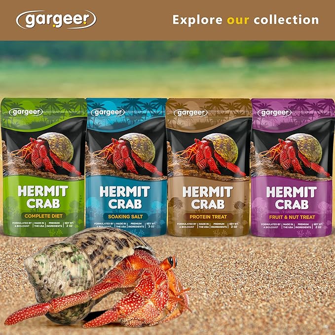Hermit Crab Protein Treat. Non-GMO Premium Ingredients, to Meet All Protein and Support Strength and Growth. 2oz Granular Textured ‘Surprise Your Crab’ Meal. Enjoy! Gargeer