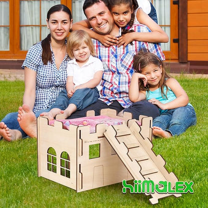 hiimalex Wooden Hamster Castle House with Ramp and Plush Bedding for Chinchilla Guinea Pig Hedgehog Gerbil Hamster Rat Durable Habitats for Playing and Hiding MakeTheKingdomforYourBunnies
