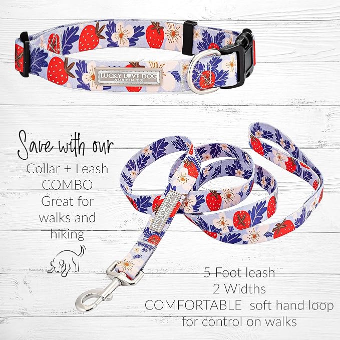 Lucky Love Dog Collar Combo Set, Strawberry Cute Girl Dog Collar and Leash Set, Dog Collar and Leash Set for X-Small Dogs, Part of Purchase Donated to Rescue (Extra Small, Sweet Berry, Combo) LuckyLoveDog