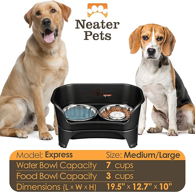 Neater Feeder - Express Model w/ Slow Feed Bowl - Mess-Proof Dog Bowls (M/L, Black) Made in USA – Elevated, No Spill, Non-Tip, Non-Slip, Raised Stainless Steel Food/Water Pet Bowls Aid Digestion - PAWPICO