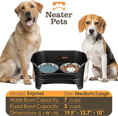 Neater Feeder - Express Model w/ Slow Feed Bowl - Mess-Proof Dog Bowls (M/L, Black) Made in USA – Elevated, No Spill, Non-Tip, Non-Slip, Raised Stainless Steel Food/Water Pet Bowls Aid Digestion - PAWPICO