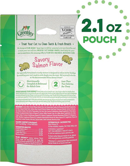 FELINE GREENIES Adult Natural Dental Care Cat Treats, Savory Salmon Flavor, 2.1 oz. Pouch GREENIES