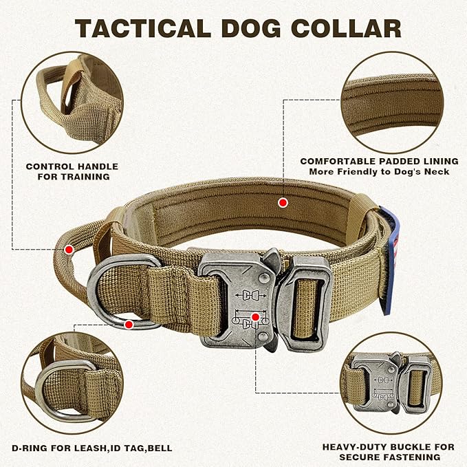 Tactical Dog Collar and Bungee Leash, Camo Military Dog Collar & Leash Set with USA American Flag Adjustable K9 Collar with Heavy Duty Metal Buckle & Handle,with Patches and Airtags Case (M, Brown) Celifelight
