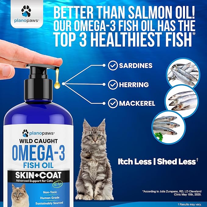 Omega 3 Fish Oil for Cats - Better Than Salmon Oil for Cats - Kitten + Cat Vitamins and Supplements - Cat Health Supplies - Cat Dandruff Treatment - Liquid Fish Oil for Pets - Cat Shedding Products planopaws