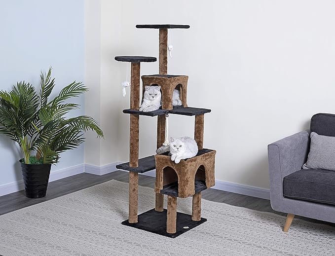 Go Pet Club Everyday Value 61in Cat Tree Kitty Scratcher Kitten Tower House Furniture with Two Condo Beds for Indoor Cats, Brown/Black - PAWPICO