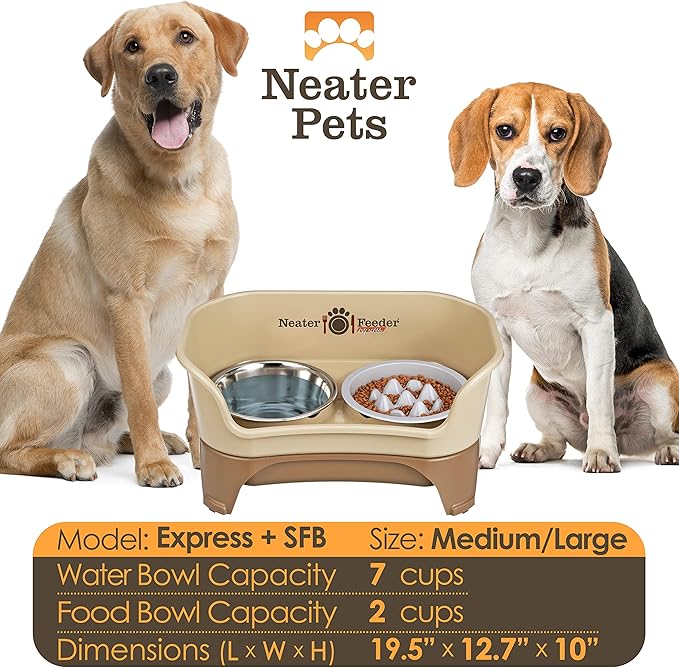 Neater Feeder Express Medium to Large Mess Proof Feeder for Dogs, 2 Cup Slow Feed Bowl & 7 Cup Stainless Steel Water Bowl, No Spill, Non-Tip, Non-Slip, Elevated Dog Bowls. Aids Digestion. Made in USA - PAWPICO