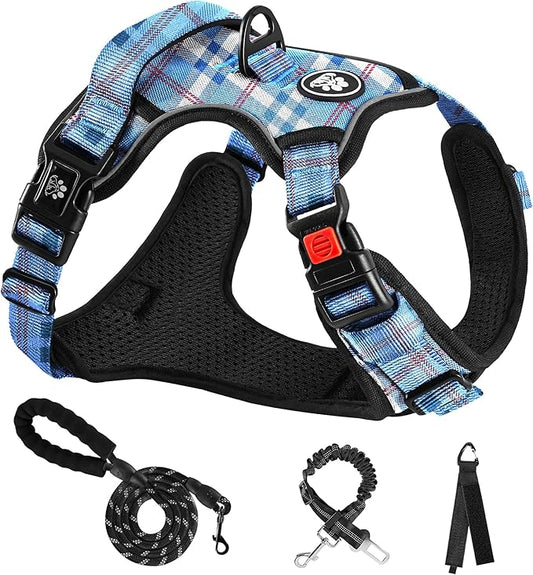 NESTROAD No Pull Dog Harness with Leash, Reflective No Choke Pet Vest Harness,Adjustable Soft Padded Dog Harness with Easy Control Handle for Large Dogs(Checkered Blue,X-Large) NESTROAD