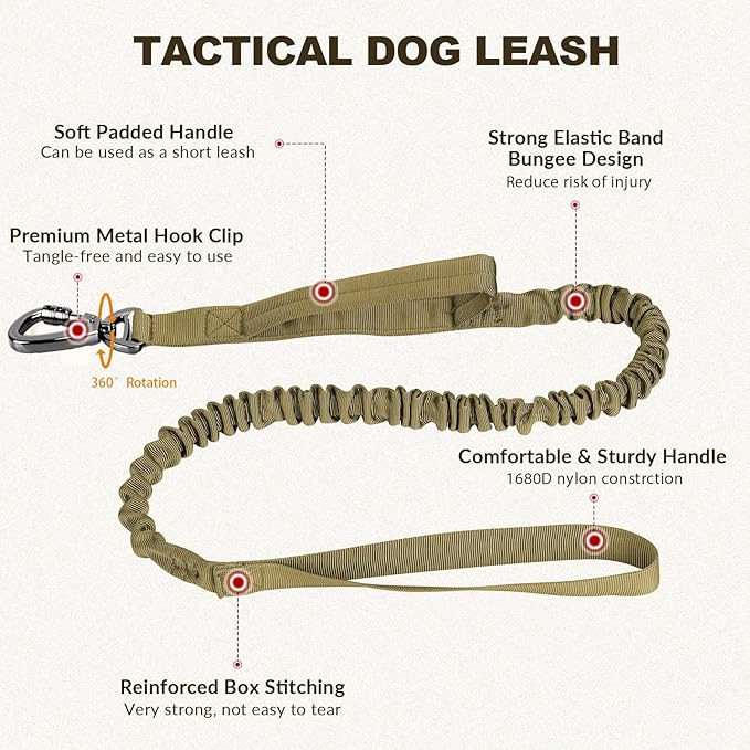 Tactical Dog Collar and Bungee Leash, Camo Military Dog Collar & Leash Set with USA American Flag Adjustable K9 Collar with Heavy Duty Metal Buckle & Handle,with Patches and Airtags Case (M, Brown) Celifelight