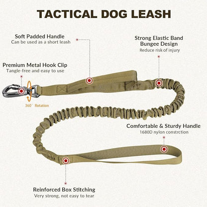 Tactical Dog Collar and Bungee Leash, Camo Military Dog Collar & Leash Set with USA American Flag Adjustable K9 Collar with Heavy Duty Metal Buckle & Handle,with Patches and Airtags Case (M, Brown) Celifelight