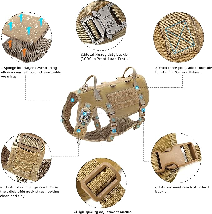 Forestpaw Tactical Dog Harness for Large Dogs,Tactical Dog Collar with Bungee Leash Set,No Pull Military Dog Harness for Dog Walking Training,Adjustable for Medium Large Dogs,Khaki M Forestpaw