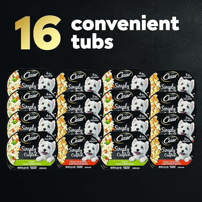CESAR SIMPLY CRAFTED Adult Soft Wet Dog Food Meal Topper Variety Pack, Chicken, Carrot, Potato & Peas and Chicken, Sweet Potato, Apple, Barley & Spinach, 8 Count(Pack of 2) - PAWPICO