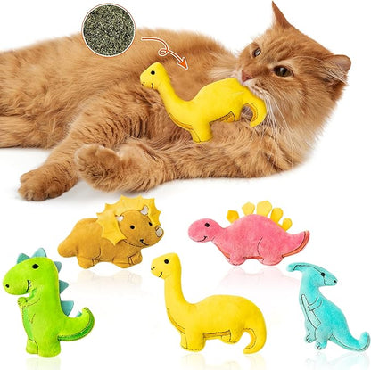 MALLMALL6 5Pcs Dinosaur Catnip Toys for Cat, Indoor Cat Chew Bite Bunny Kick Plush Catmint Pet Toys Supplies for Cat Lover Gifts, Interactive Cat Toy with Cute Expression for Pet Presents - PAWPICO
