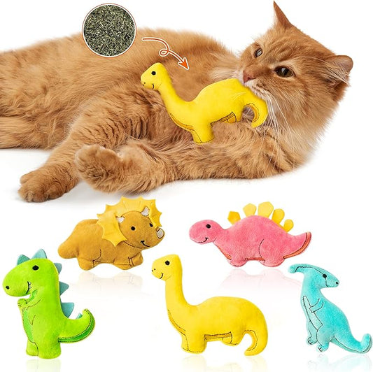 MALLMALL6 5Pcs Dinosaur Catnip Toys for Cat, Indoor Cat Chew Bite Bunny Kick Plush Catmint Pet Toys Supplies for Cat Lover Gifts, Interactive Cat Toy with Cute Expression for Pet Presents - PAWPICO