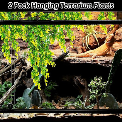 Hamiledyi Reptile Plants Hanging Terrarium Plants Artificial Leaves Habitat Decorations with Suction Cup Green and Yellow Fake Amphibian Plants for Bearded Dragon Lizard Geckos Chameleon（2 Pack） Hamiledyi