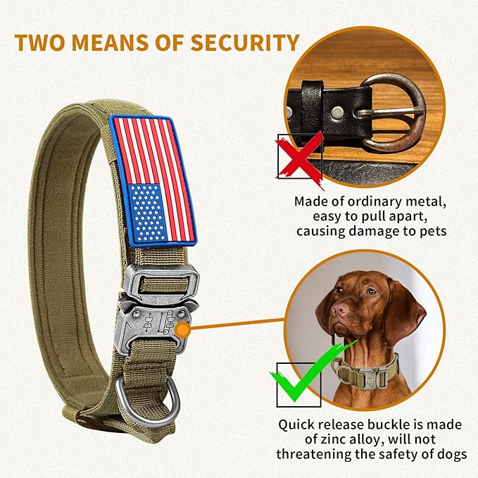 Tactical Dog Collar Military Dog Collar Adjustable Nylon Dog Collar Heavy Duty Metal Buckle with Handle for Dog Training,with Patches(Brown, L) Celifelight