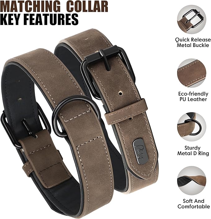 Didog Soft Padded Leather Dog Collar and Leash Set, Heavy Duty Dog Leash and Collar Set with Metal Buckle, Breathable Dog Collars with 4FT Leather Dog Leash for Small Medium Large Dogs, Brown, XL Didog