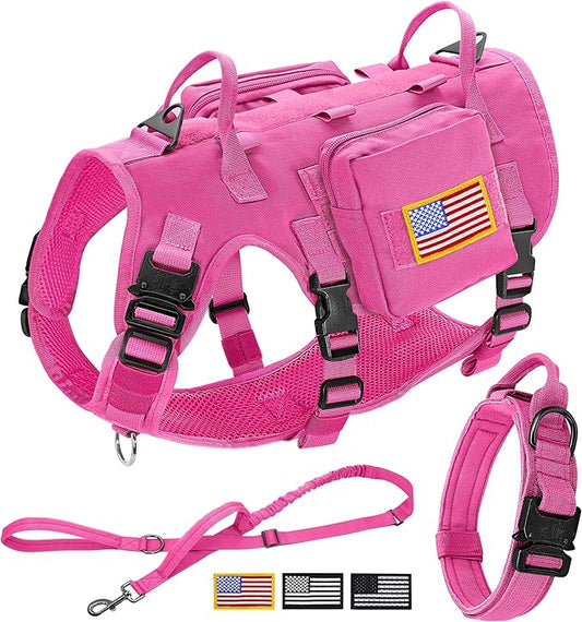 Forestpaw Pink Tactical Dog Harness for Large Dogs,Tactical Dog Collar with Bungee Leash Set,No Pull Military Dog Harness for Dog Walking Training,Adjustable for Medium Large Dogs,L Forestpaw