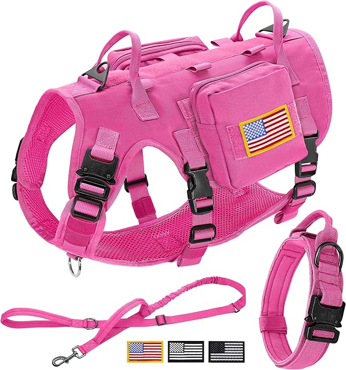 Forestpaw Pink Tactical Dog Harness for Large Dogs,Tactical Dog Collar with Bungee Leash Set,No Pull Military Dog Harness for Dog Walking Training,Adjustable for Medium Large Dogs,M Forestpaw