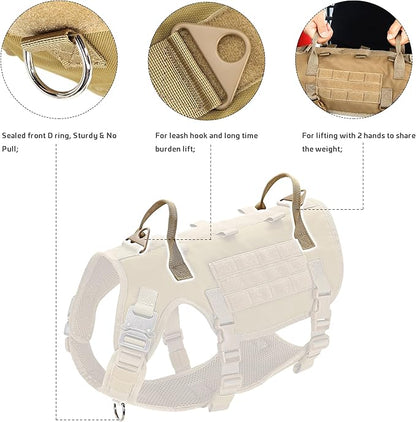 Forestpaw Tactical Dog Harness for Large Dogs,Tactical Dog Collar with Bungee Leash Set,No Pull Military Dog Harness for Dog Walking Training,Adjustable for Medium Large Dogs,Khaki M Forestpaw
