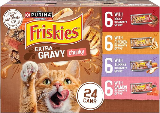 Purina Friskies Extra Gravy Wet Cat Food Chunky 24ct Variety Pack (With Chicken, Turkey, Salmon, Beef) - (Pack of 24) 5.5 oz. Cans - PAWPICO