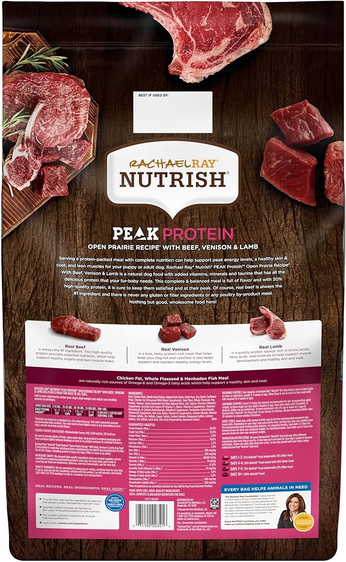 Rachael Ray Nutrish PEAK Natural Dry Dog Food, Open Prairie Recipe with Beef, Venison & Lamb, 12 Pounds, Grain Free (Packaging May Vary) - PAWPICO