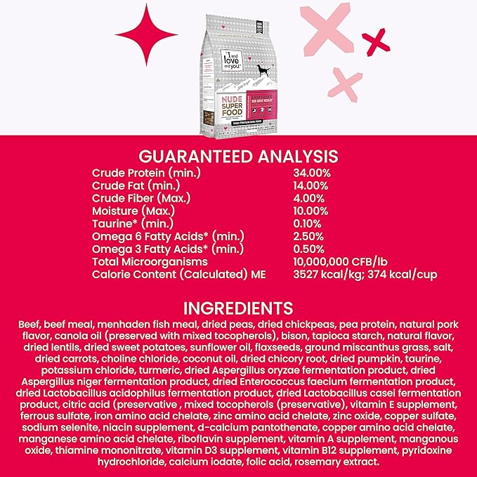 I and love and you Nude Super Food Dry Dog Food - Red Meat Medley - Prebiotic + Probiotic, Grain Free, Real Meat, No Fillers, 23lb Bag - PAWPICO