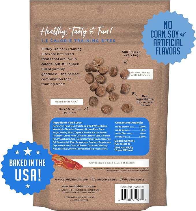 Buddy Biscuits Trainers 10 oz. Pouch of Training Bites Soft & Chewy Dog Treats Made with Bacon Flavor - PAWPICO