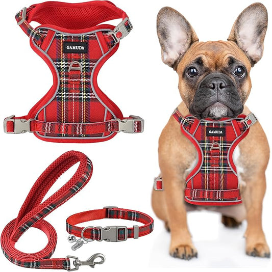 GAMUDA Dog Harness Collar and Leash Set, Dog Harness, No Chock No Pull Adjustable Vest Harnesses Plaid Reflective for Medium Dog, Cat, Small Horse, Small Bull and Pig (Red, S) GAMUDACollarsCollection