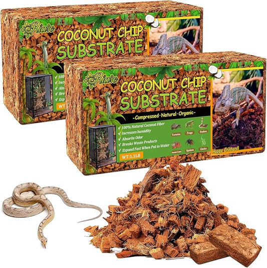 Riare 2 Pack Natural Coconut Chip Substrate for Reptiles- Compressed Coconut Husk Reptiles Bedding, Coco Husk Chip Terrarium Substrate for Snakes, Tortoises, Ball Python, Frogs, Bearded Dragon, Lizard Riare