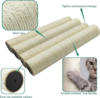 Cat Scratching Post Replacement Pole，4 PCS 15.7 in Cat Tree Replacement Post，Natural Sisal Cat Tree Replacement Parts with M8 Screws - PAWPICO