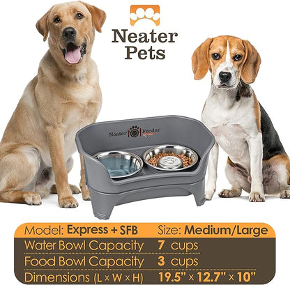 Neater Feeder - Express Model w/ Slow Feed Bowl - Mess-Proof Dog Bowls (M/L, Grey) Made in USA – Elevated, No Spill, Non-Tip, Non-Slip, Raised Stainless Steel Food/Water Pet Bowls Aid Digestion - PAWPICO