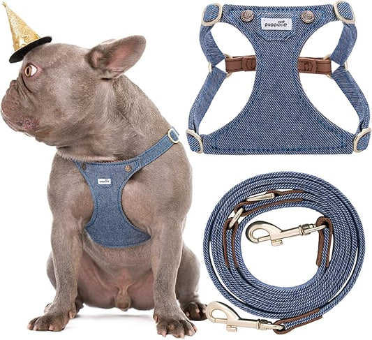 Puppytie No Pull Dog Harness with Multifunction Dog Leash,Soft Adjustable No Choke Escape Proof Pet Harness Vest for Medium Dogs,Denim Light Blue,M Puppytie