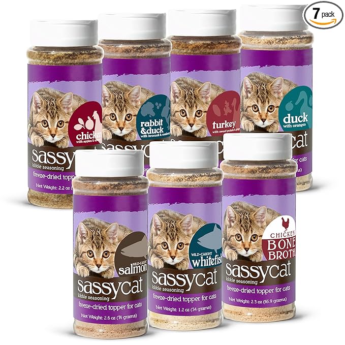 Herbsmith Sassy Cat Kibble Seasoning – Freeze Dried Rabbit & Duck – Cat Food Topper for Picky Eaters - [Bundle Salmon, Whitefish, Chicken Bone Broth, Chicken, Duck, Rabbit, and Turkey] - PAWPICO