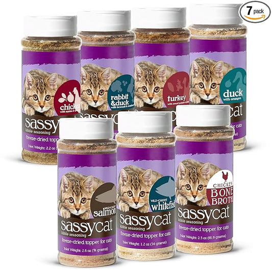 Herbsmith Sassy Cat Kibble Seasoning – Freeze Dried Rabbit & Duck – Cat Food Topper for Picky Eaters - [Bundle Salmon, Whitefish, Chicken Bone Broth, Chicken, Duck, Rabbit, and Turkey] - PAWPICO