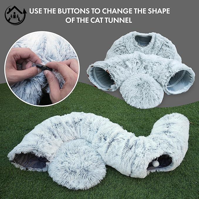 Large Cat Tunnel Bed for Indoor Cats Warm Fluffy Plush Cat Cave Tunnel Bed Collapsible, Washable, 3 Way and Multifunctional with Dangling Balls for Cats, Kittens and Rabbits- Gray - PAWPICO