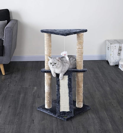 Go Pet Club Everyday Value 35in Corner Cat Tree Kitty Scratcher Tower Kitten Condo House Furniture with Scratching Board & Hanging Toys for Indoor Cats, Gray/Beige - PAWPICO
