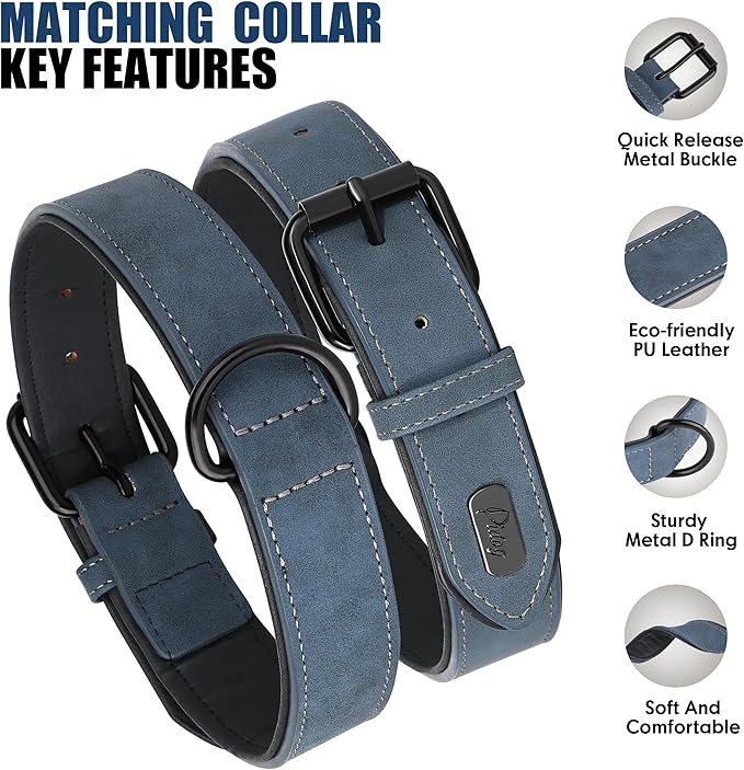 Didog Soft Padded Leather Dog Collar and Leash Set, Heavy Duty Dog Leash and Collar Set with Metal Buckle, Breathable Dog Collars with 4FT Leather Dog Leash for Small Medium Large Dogs, Blue, S Didog