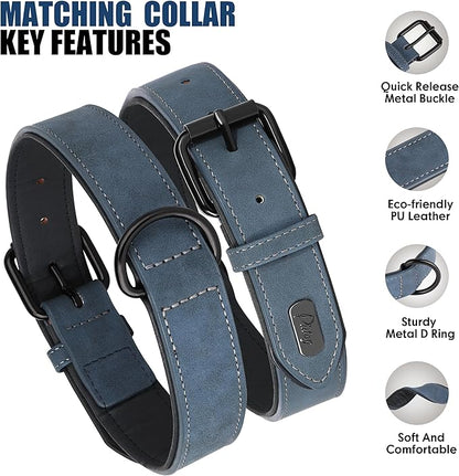 Didog Soft Padded Leather Dog Collar and Leash Set, Heavy Duty Dog Leash and Collar Set with Metal Buckle, Breathable Dog Collars with 4FT Leather Dog Leash for Small Medium Large Dogs, Blue, XL Didog